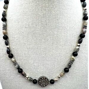Black Agate & Picasso Stone Necklace With Tribal Sun Pendant